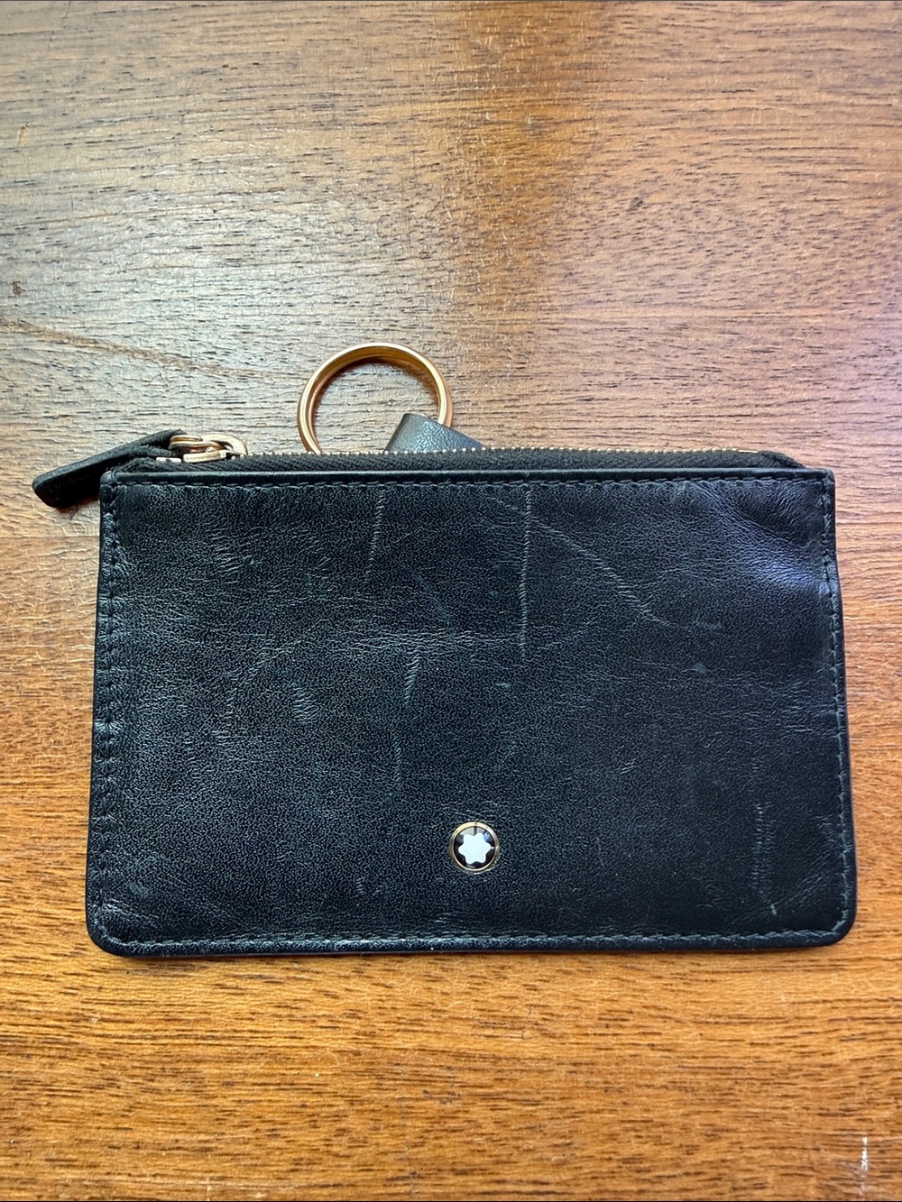 Montblanc Black Leather Zip Card Pouch with Gold Key Ring